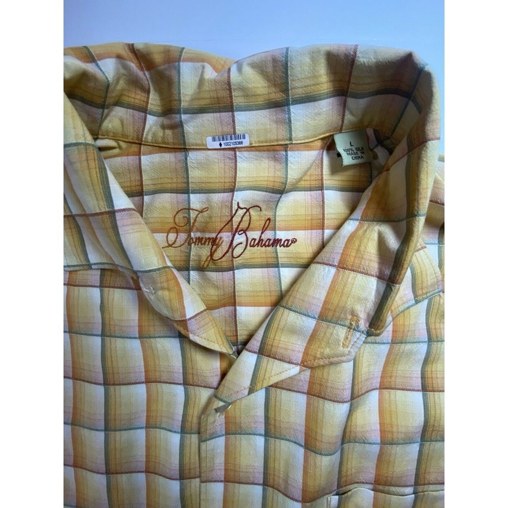 Tommy Bahama Shirt Mens Large Yellow Plaid Short Sleeve‎ Casual 100% SILK NICE!